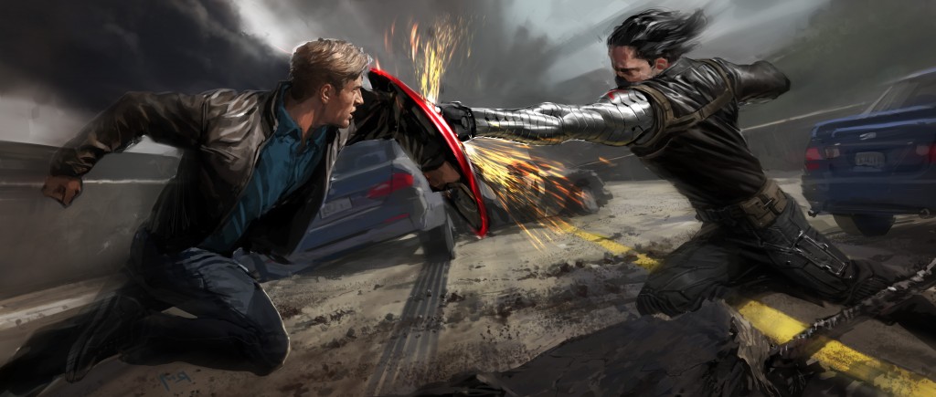Marvel "Captain America : Le Soldat de l'Hiver" Steve Rogers contre le Soldat de l'Hiver. Concept Art par Ryan Meinerding. ©2013 Marvel
